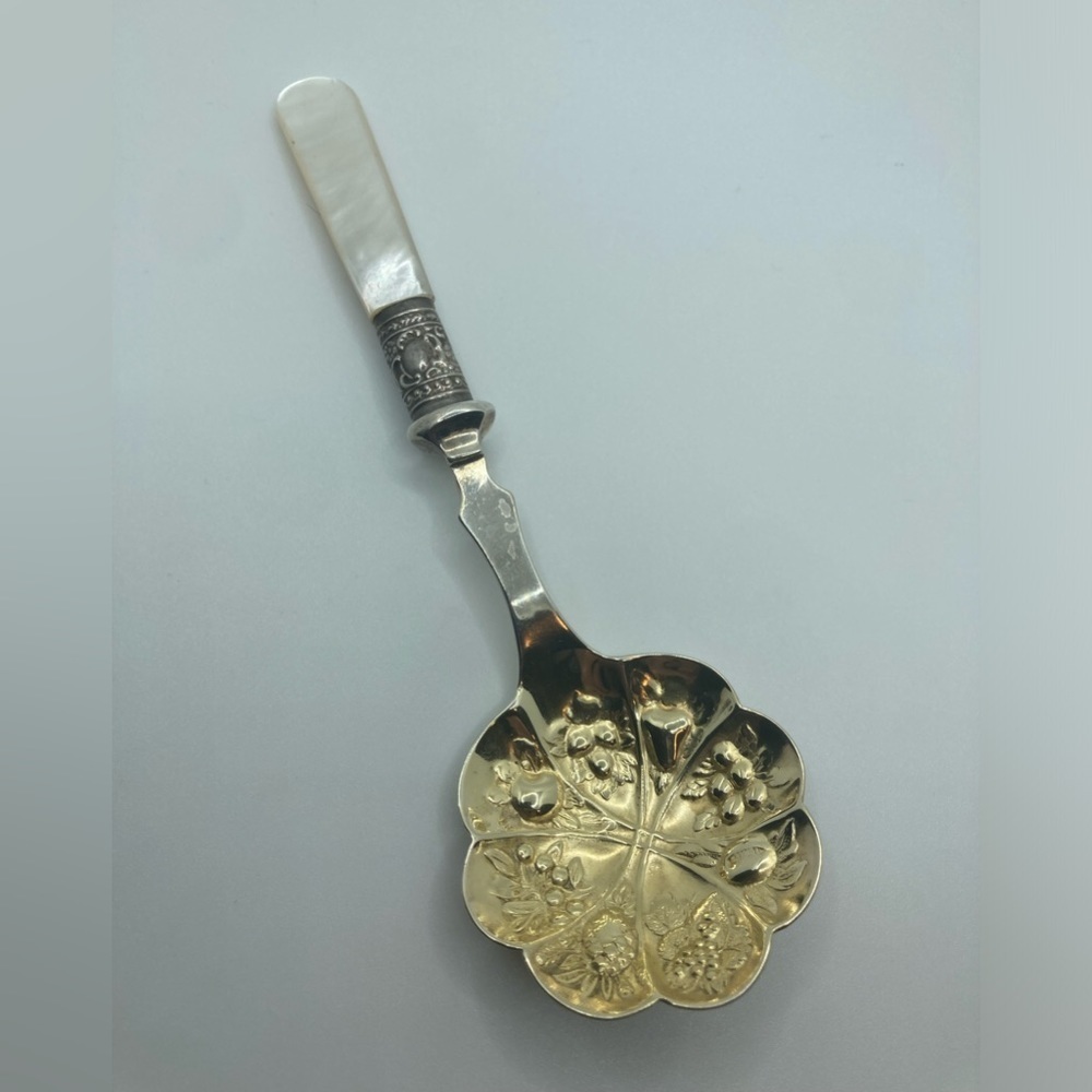 Vtg Sheffeild England Silver Plate MOP Serving Spoon Fruit Design 6.4”